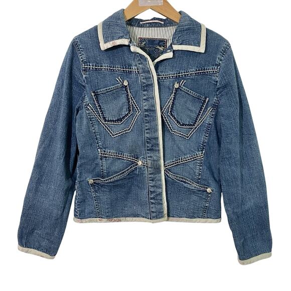 Vtg Denim Jean Jacket Women Med BLUE WILLIS Denmark Embroidered Patchwork Blazer - Picture 1 of 13
